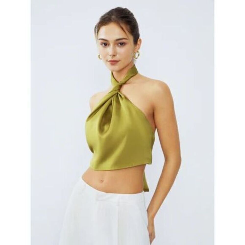 Halter Neck Twist‎ Open Back Satin Crop Top Size Large